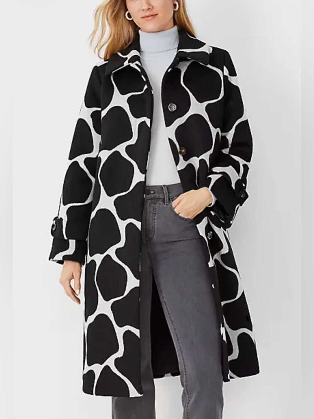 NWT Ann Taylor Giraffe Print Wool Blend Mac Coat XS Black White